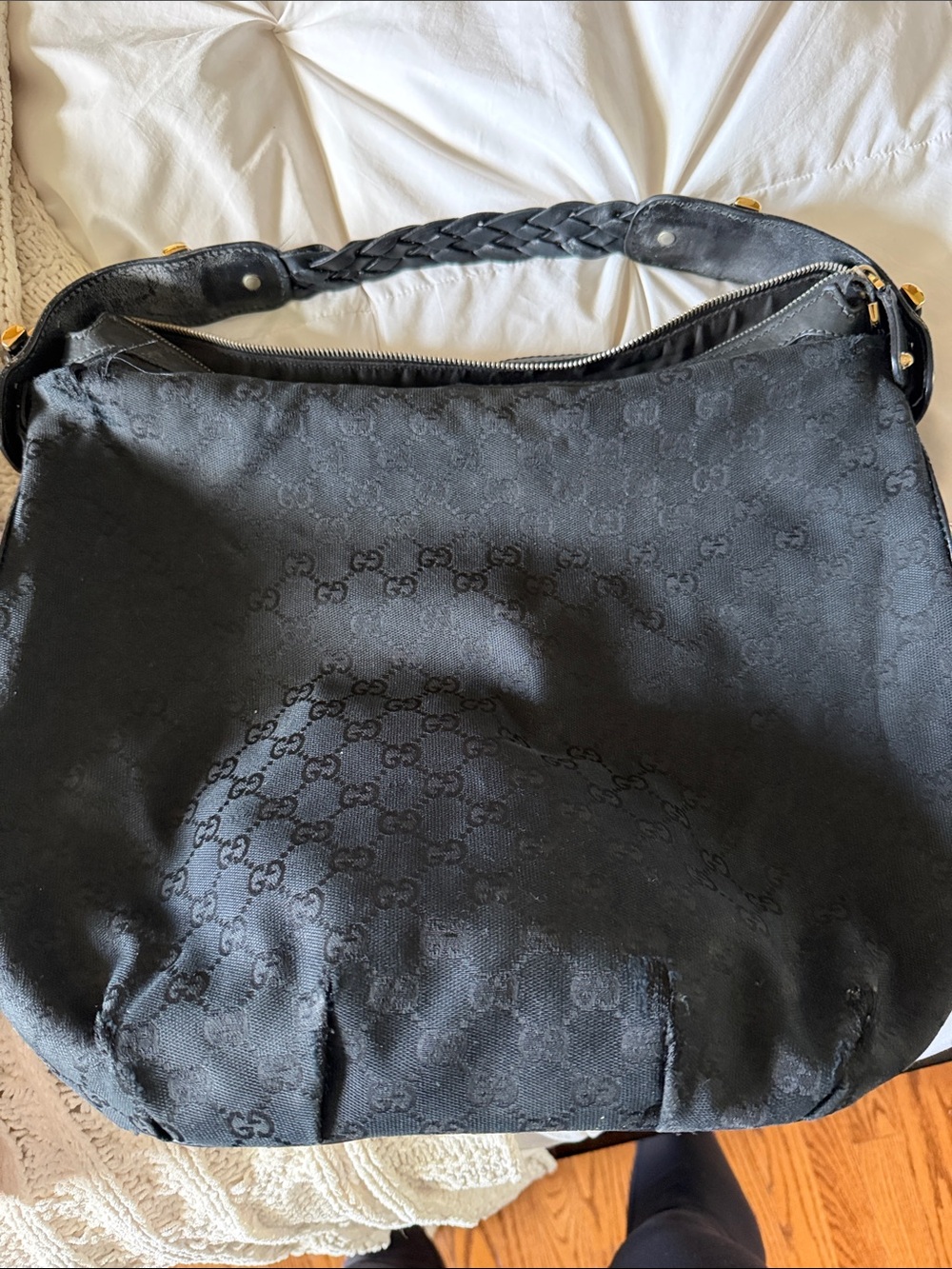Gucci Black GG Monogram Braided-Handle Shoulder Bag